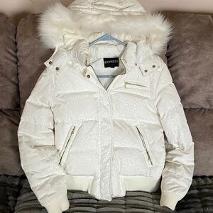 Express Women's White Leopard Print Puffer Jacket with Faux Fur Trim Hood
